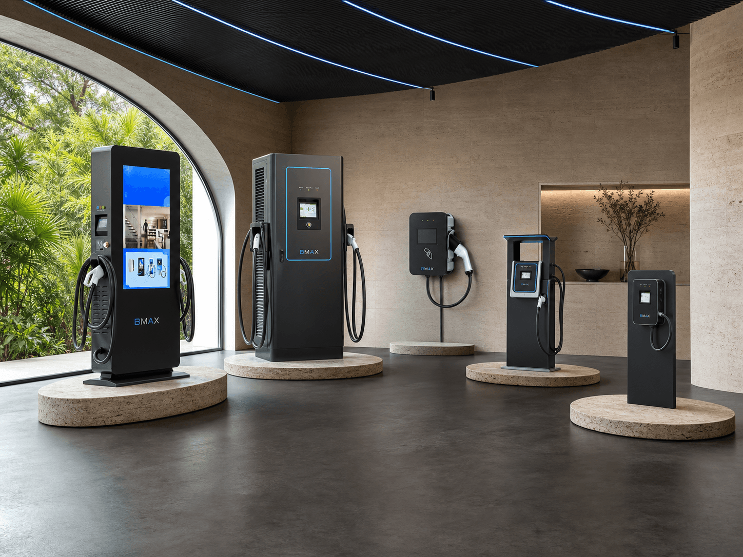 Família de carregadores elétricos BMAX em showroom premium