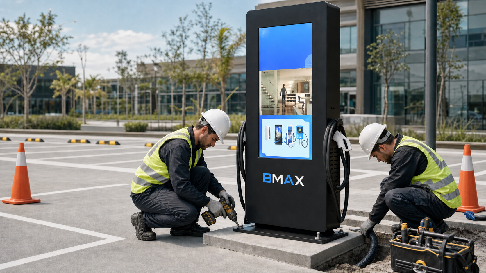 Equipe instalando carregador rápido Bmax CDZ-T em estacionamento